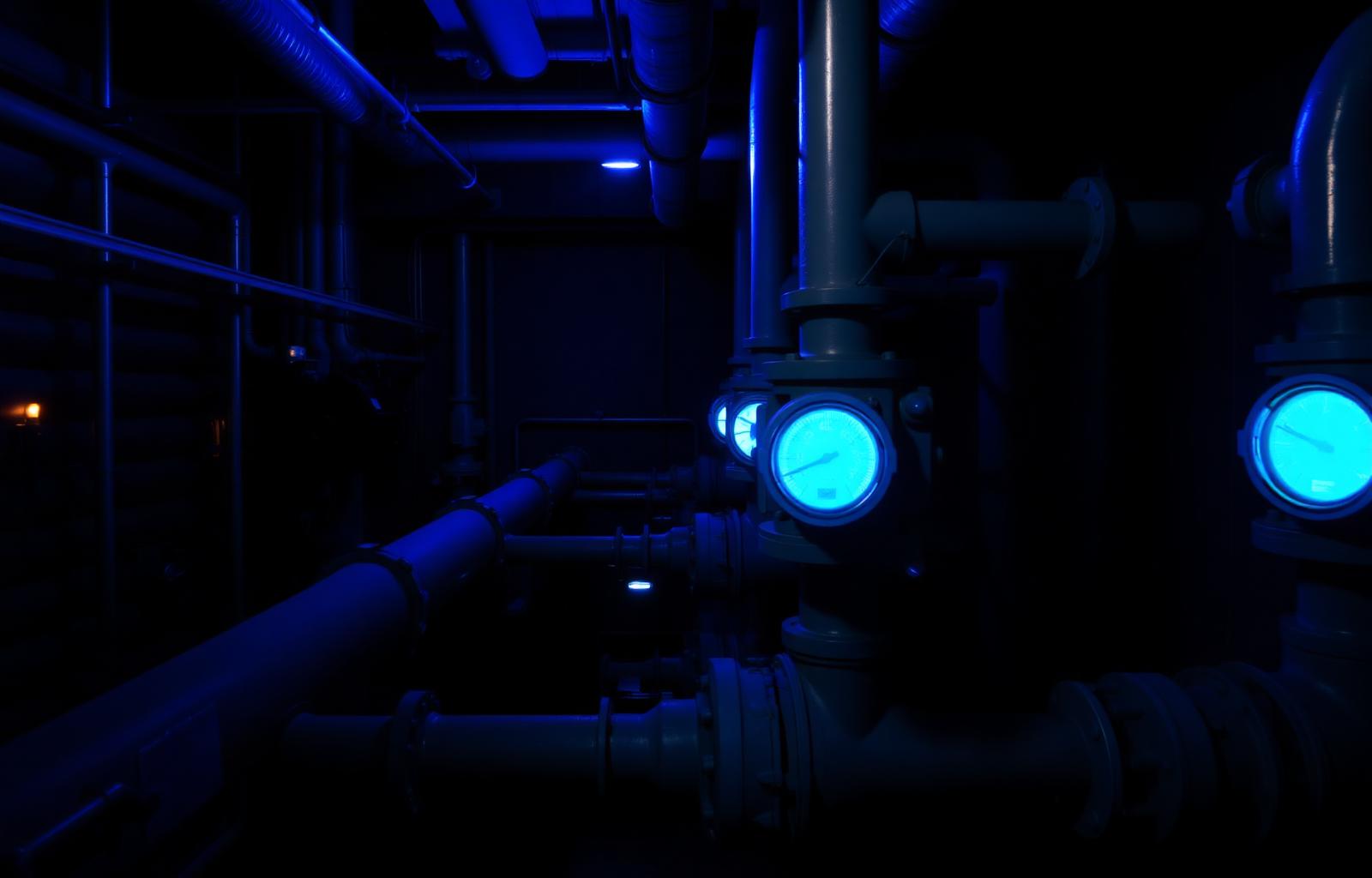 Instrumented pipework in a water control room, lit blue at night