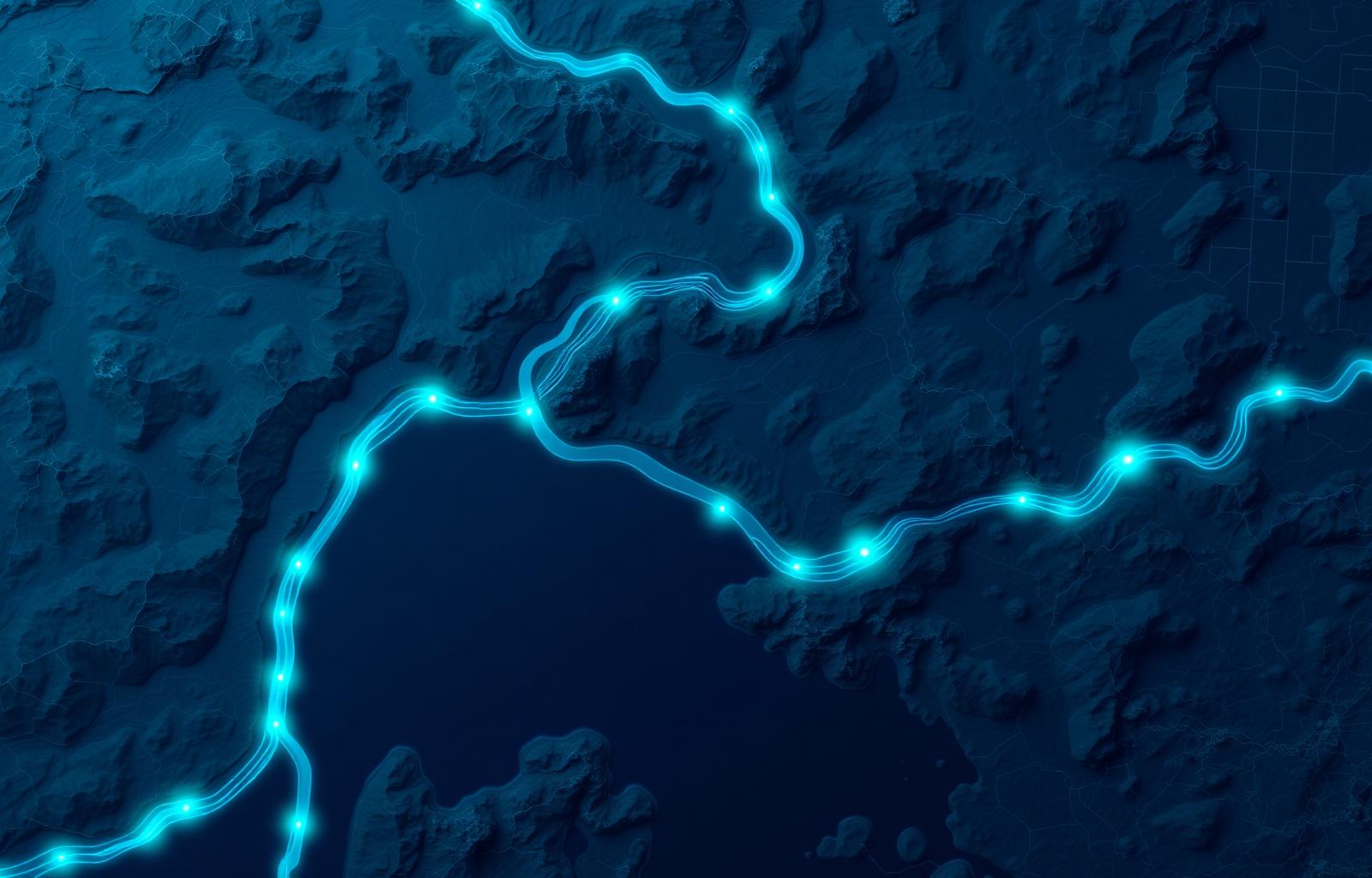Aerial view of a river network, glowing to show streamflow
